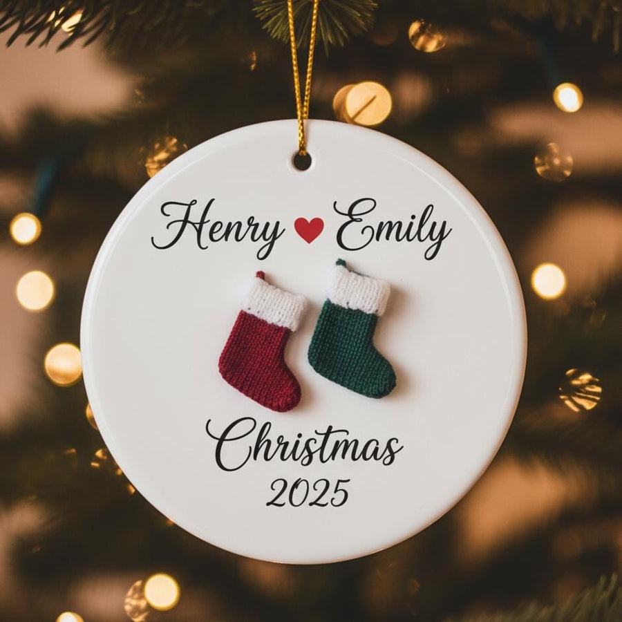 Personalized 2D Couple Christmas Ornament, Custom Names Ceramic Ornament, Heart Love Holiday Gift, Romantic Keepsake for Him Her, Xmas Decor