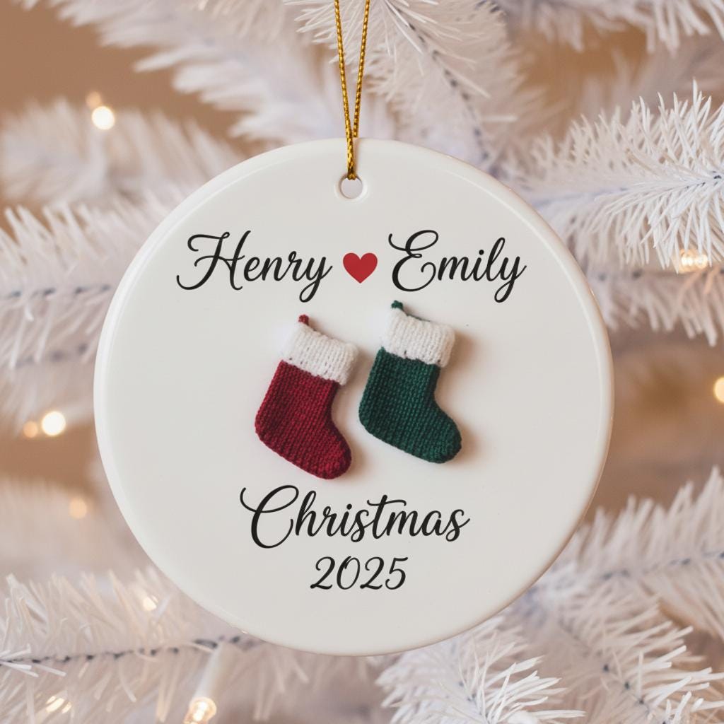 Personalized 2D Couple Christmas Ornament, Custom Names Ceramic Ornament, Heart Love Holiday Gift, Romantic Keepsake for Him Her, Xmas Decor