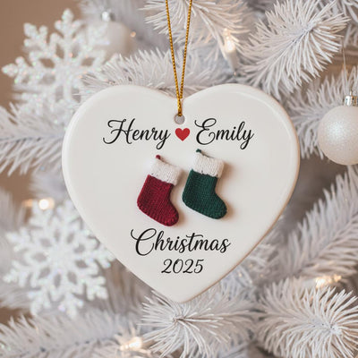 Personalized 2D Couple Christmas Ornament, Custom Names Ceramic Ornament, Heart Love Holiday Gift, Romantic Keepsake for Him Her, Xmas Decor