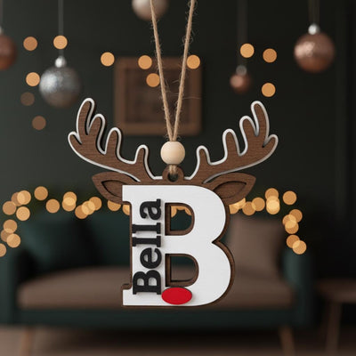 Personalized Reindeer Ornament, Custom Name Christmas Decoration, Wooden Rudolph Ornament Gift for Kids, Family, Holiday Tree Decor