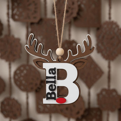 Personalized Reindeer Ornament, Custom Name Christmas Decoration, Wooden Rudolph Ornament Gift for Kids, Family, Holiday Tree Decor
