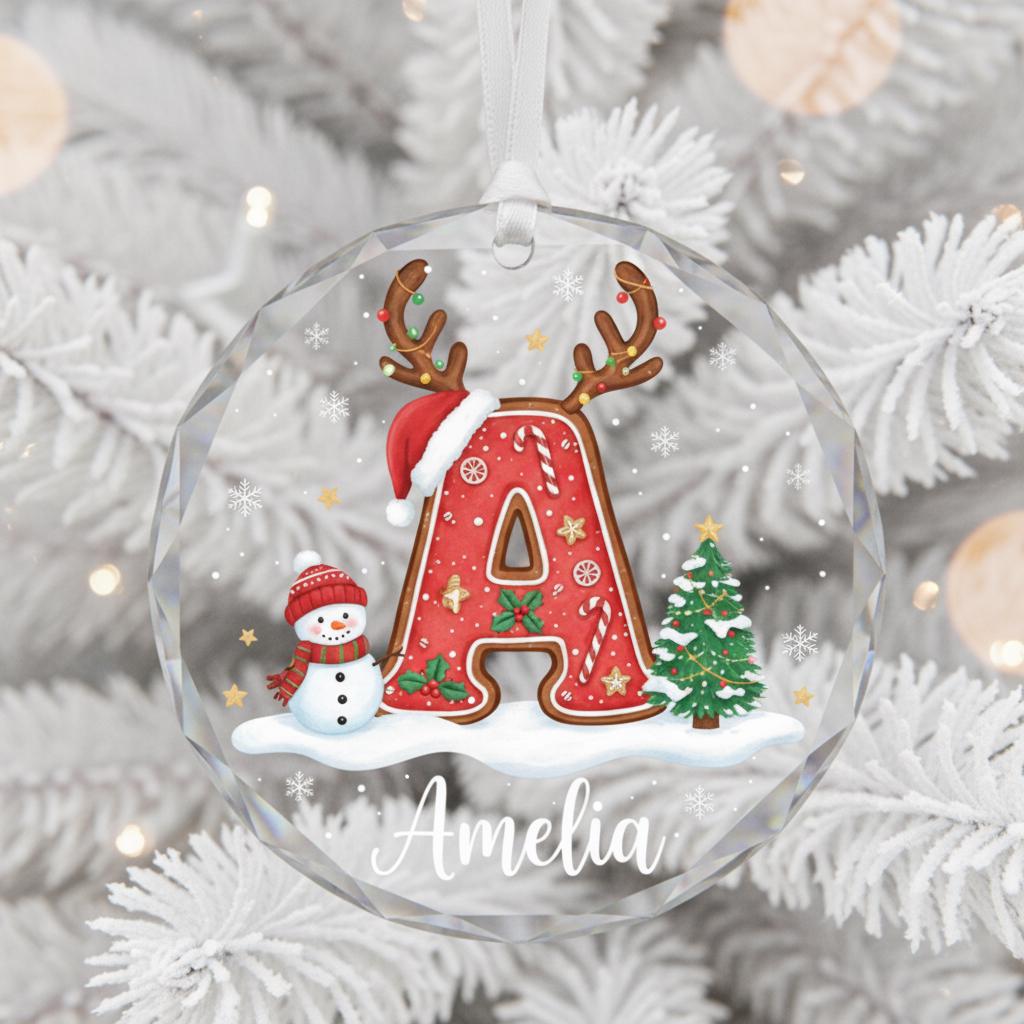 Personalized Glass Christmas Ornament, Custom Name and Initial Ornament, Reindeer Letter Holiday Decor, Snowman Christmas Gift Keepsake 2025