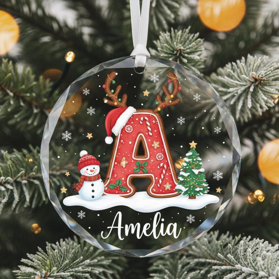 Personalized Glass Christmas Ornament, Custom Name and Initial Ornament, Reindeer Letter Holiday Decor, Snowman Christmas Gift Keepsake 2025
