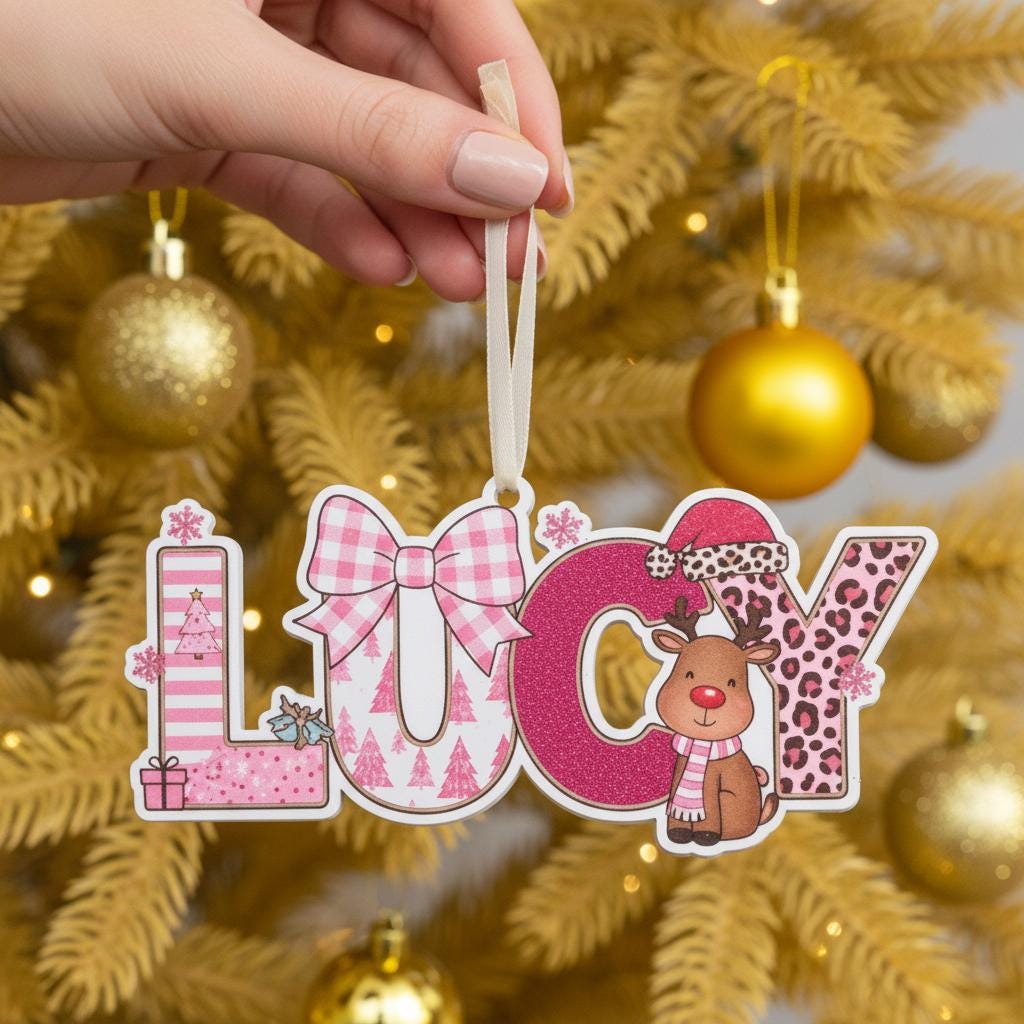 Personalized Baby Girl Christmas Ornament, Custom Name Acrylic Ornament, Pink Reindeer Holiday Decor, Cute Gift for Kids, Keepsake 2025