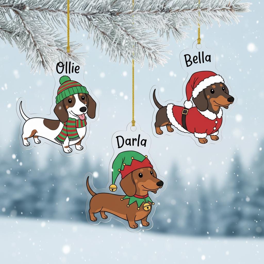 Personalized Dog Ornament, Custom Acrylic Pet Ornament with Dog Name, Cute Dachshund Holiday Decor, Gift for Dog Lovers, Pet Keepsake