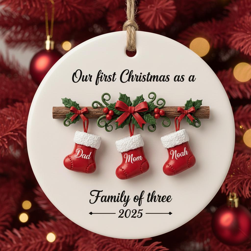 Personalized 2D Family Christmas Ornament 2025, Custom Family of Three Ceramic Ornament, First Christmas Keepsake,Holiday Stocking Name Gift