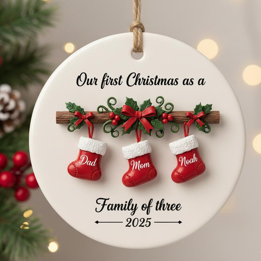 Personalized 2D Family Christmas Ornament 2025, Custom Family of Three Ceramic Ornament, First Christmas Keepsake,Holiday Stocking Name Gift