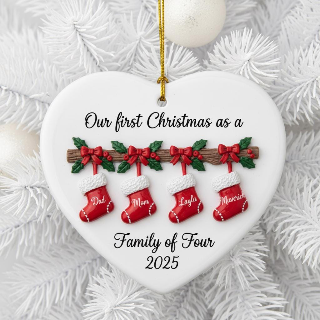 Personalized 2D Family of Four Christmas Ornament, Custom Ceramic Holiday Ornament with Names, First Christmas as a Family Keepsake Gift
