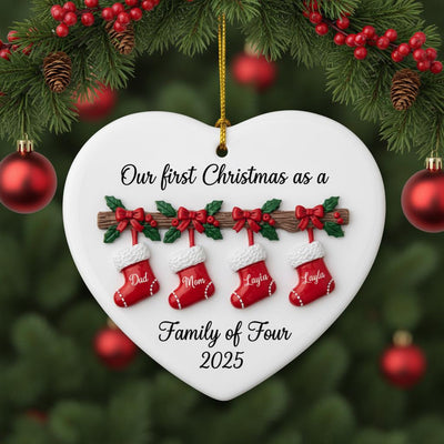 Personalized 2D Family of Four Christmas Ornament, Custom Ceramic Holiday Ornament with Names, First Christmas as a Family Keepsake Gift