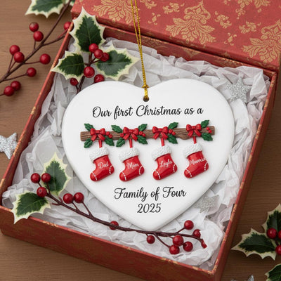 Personalized 2D Family of Four Christmas Ornament, Custom Ceramic Holiday Ornament with Names, First Christmas as a Family Keepsake Gift