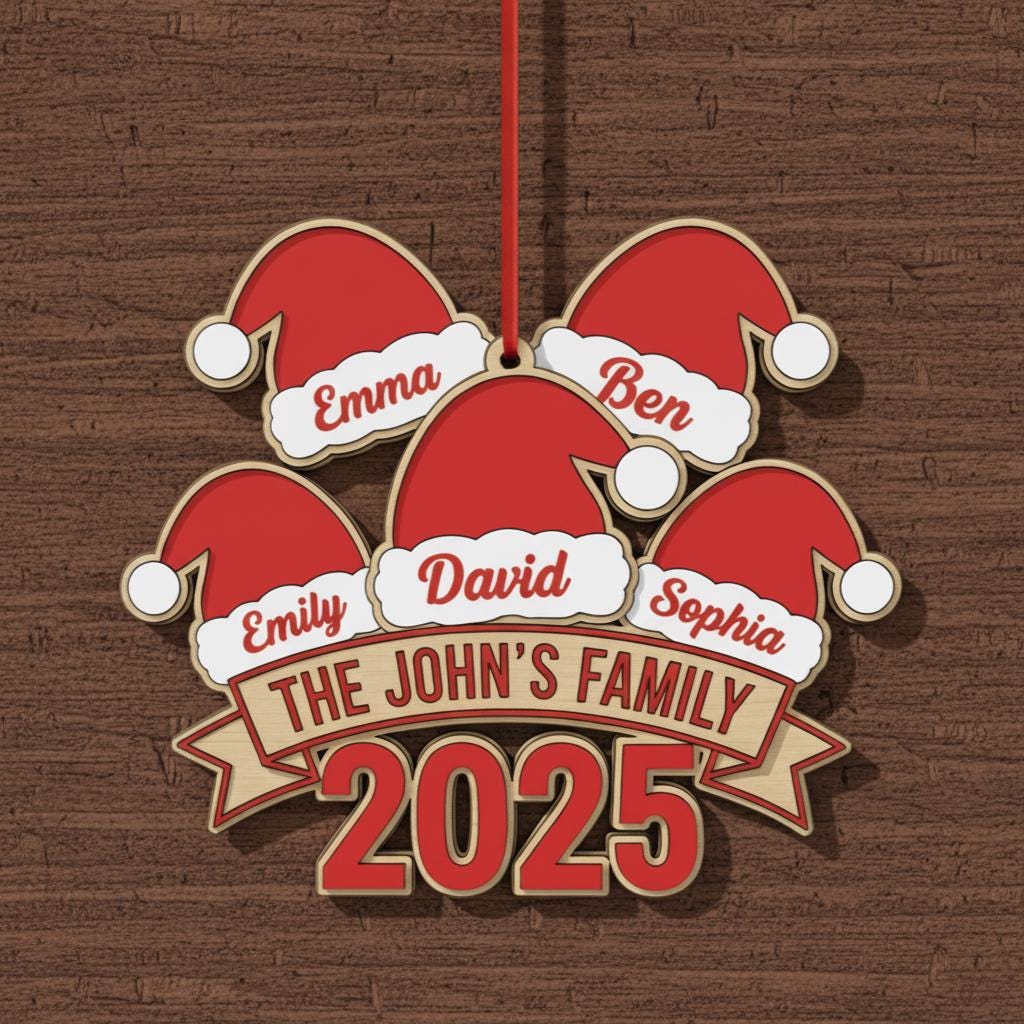 Personalized Family Christmas Ornament 2025, Custom Wood Holiday Decor with Names & Family Name, Santa Hat Tree Ornament, Gift for Families
