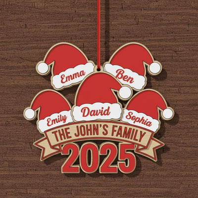 Personalized Family Christmas Ornament 2025, Custom Wood Holiday Decor with Names & Family Name, Santa Hat Tree Ornament, Gift for Families