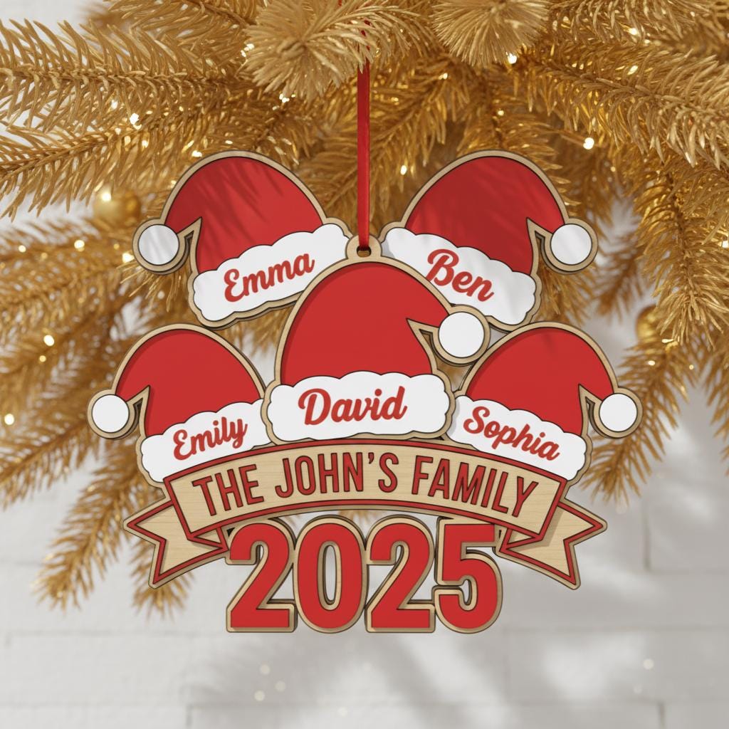 Personalized Family Christmas Ornament 2025, Custom Wood Holiday Decor with Names & Family Name, Santa Hat Tree Ornament, Gift for Families