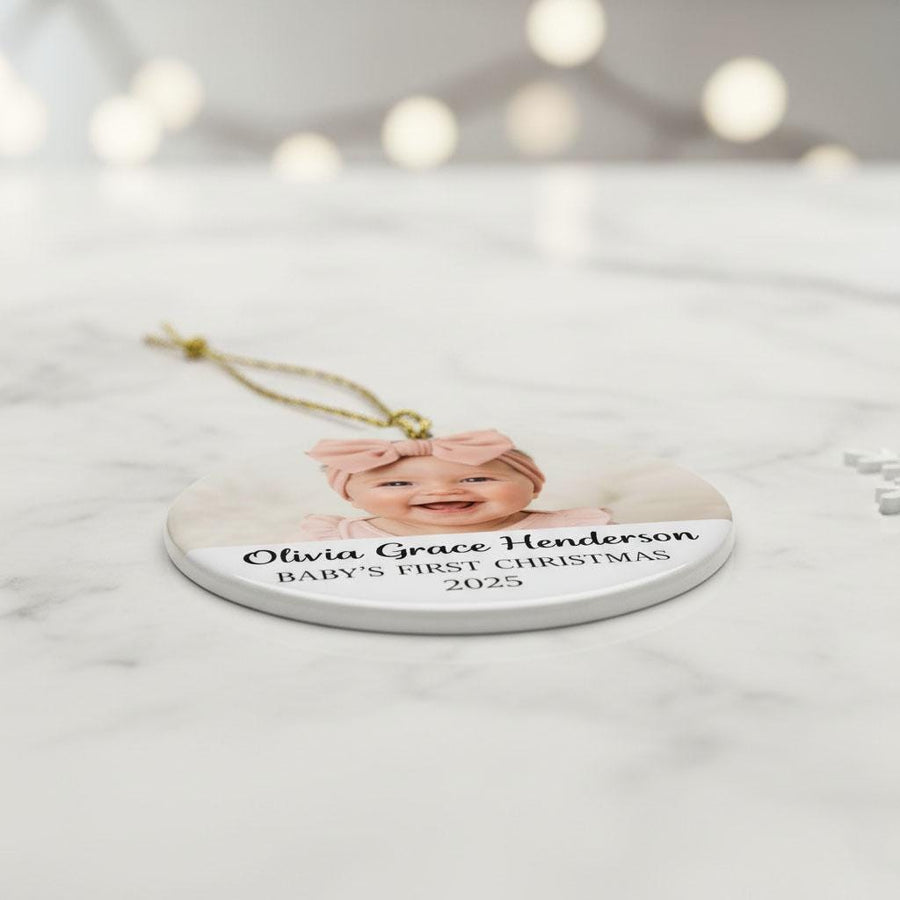 Baby’s First Christmas Ornament, Personalized Baby Photo Ornament, Custom Ceramic Name Ornament, Newborn Christmas Keepsake Gift for Family