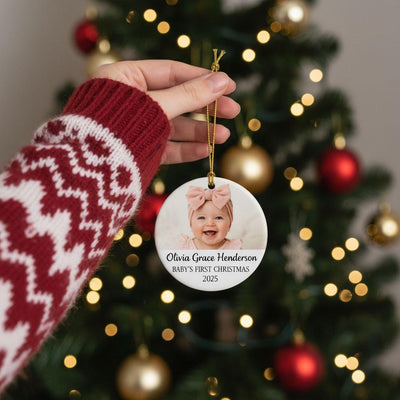 Baby’s First Christmas Ornament, Personalized Baby Photo Ornament, Custom Ceramic Name Ornament, Newborn Christmas Keepsake Gift for Family