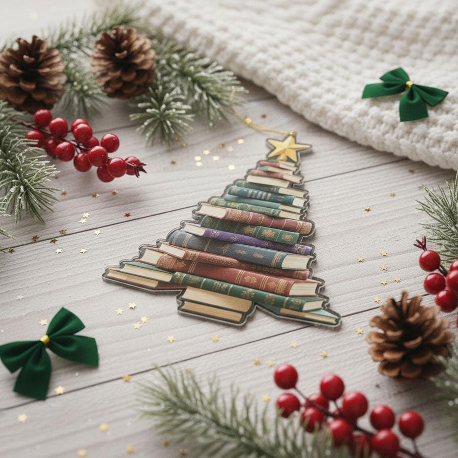2D Book Lover Christmas Ornament, Acrylic Book Tree Ornament, Librarian Gift Holiday Decor, Reading Lover Christmas Gift,Book Stack Ornament