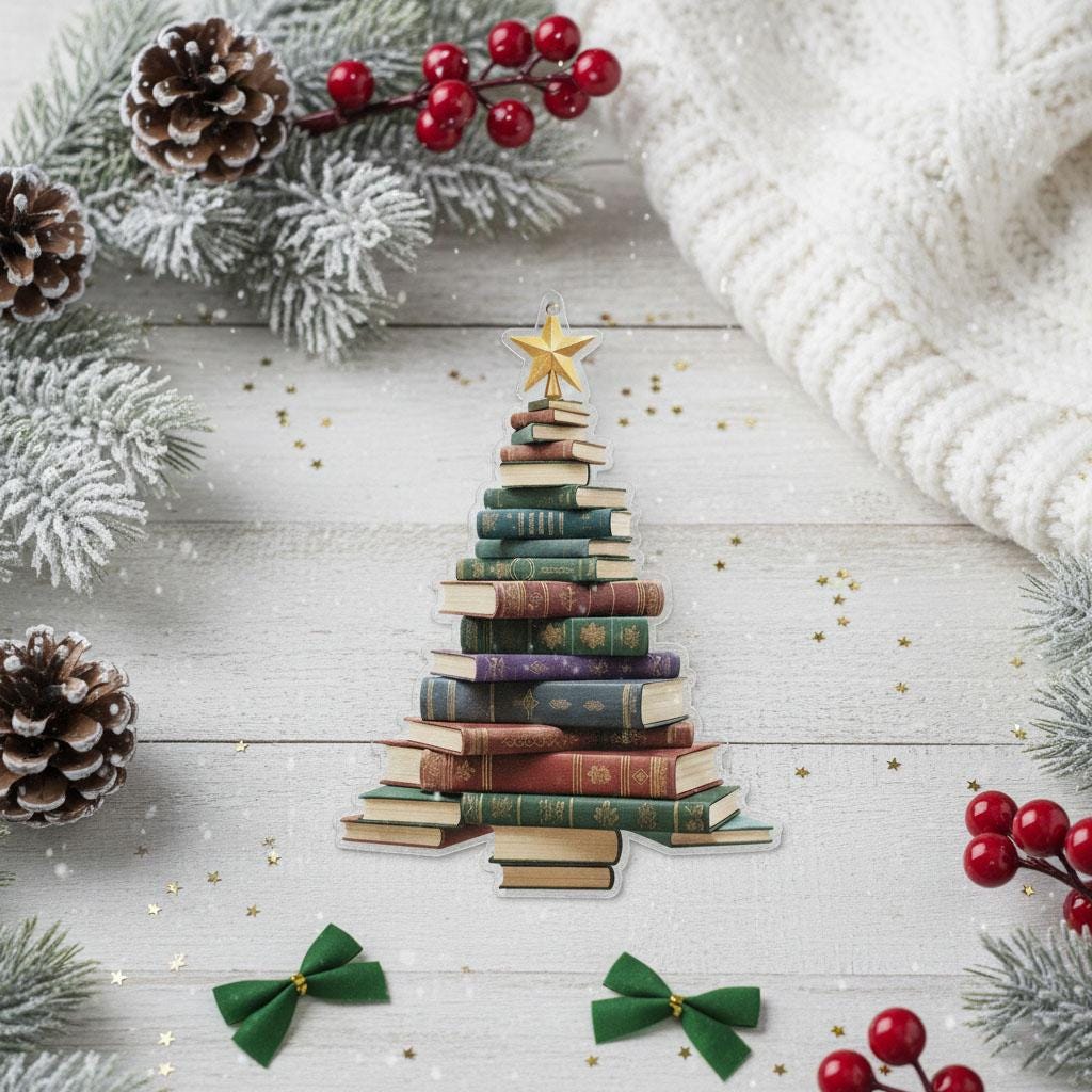 2D Book Lover Christmas Ornament, Acrylic Book Tree Ornament, Librarian Gift Holiday Decor, Reading Lover Christmas Gift,Book Stack Ornament