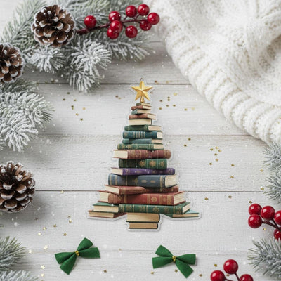 2D Book Lover Christmas Ornament, Acrylic Book Tree Ornament, Librarian Gift Holiday Decor, Reading Lover Christmas Gift,Book Stack Ornament