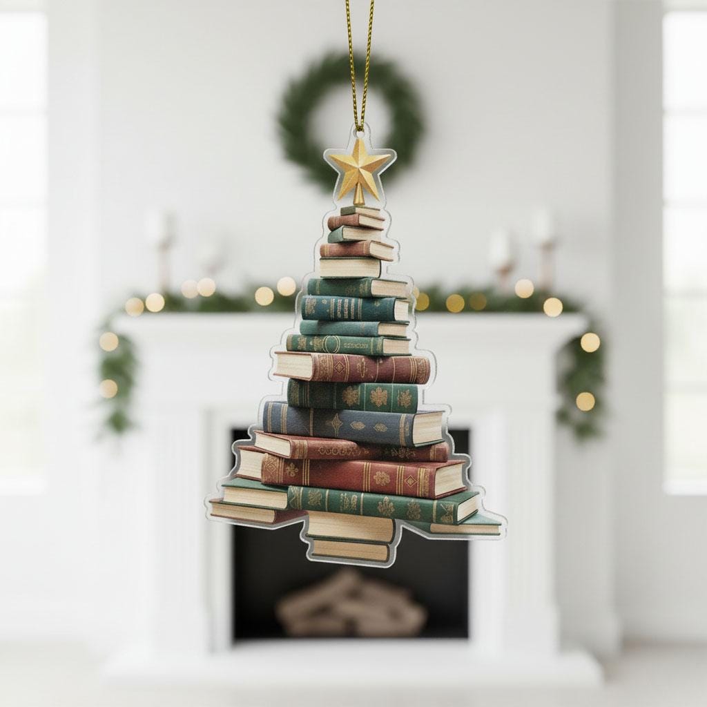2D Book Lover Christmas Ornament, Acrylic Book Tree Ornament, Librarian Gift Holiday Decor, Reading Lover Christmas Gift,Book Stack Ornament