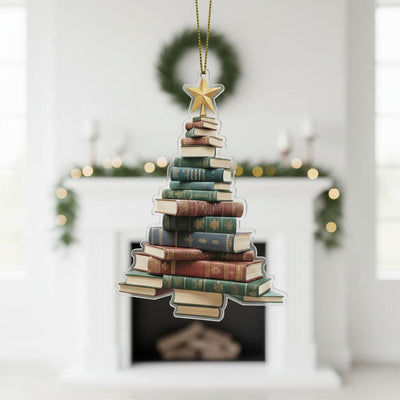 2D Book Lover Christmas Ornament, Acrylic Book Tree Ornament, Librarian Gift Holiday Decor, Reading Lover Christmas Gift,Book Stack Ornament