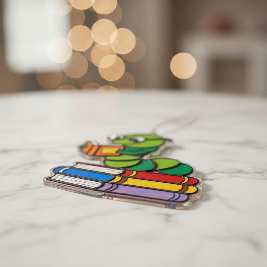 Acrylic Bookworm Christmas Ornament, Reading Worm Ornament for Book Lovers, Librarian Teacher Gift, Colorful Book Stack Holiday Decor 2025