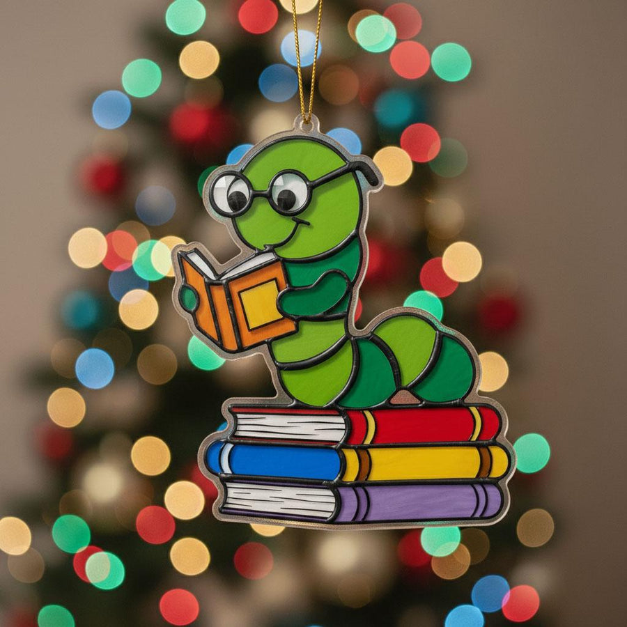 Acrylic Bookworm Christmas Ornament, Reading Worm Ornament for Book Lovers, Librarian Teacher Gift, Colorful Book Stack Holiday Decor 2025