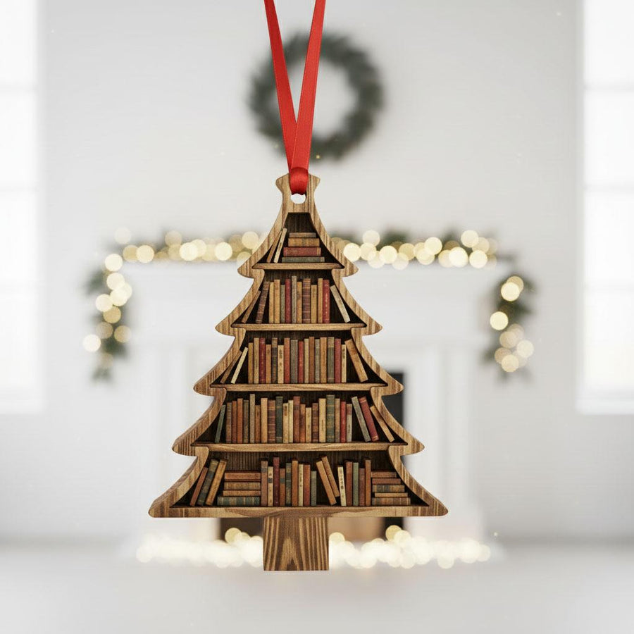 3 Layer Book Tree Christmas Ornament, Book Lover Holiday Decor, Rustic Bookshelf Tree Ornament, Librarian Reader Gift, Cozy Christmas Decor