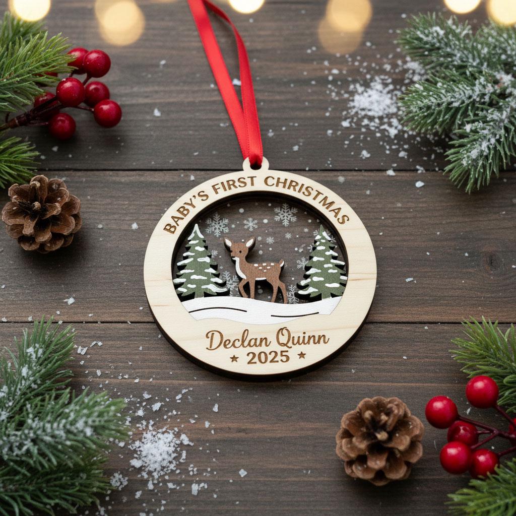 Baby’s First Christmas Ornament, Custom Baby Name Reindeer Ornament, Personalized Wood Acrylic Baby Christmas Gift, Newborn Keepsake 2025