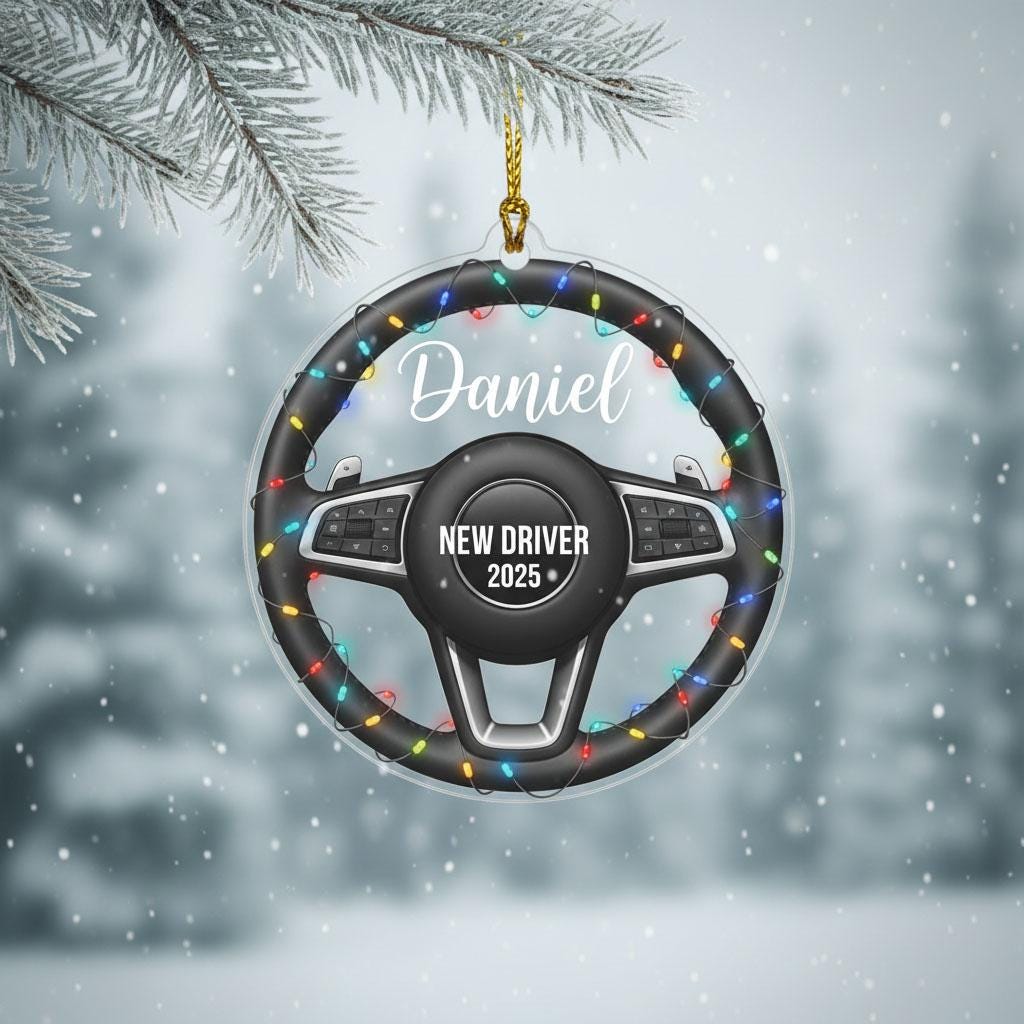 New Driver Christmas Ornament 2025, Personalized Steering Wheel Ornament, Custom Name Acrylic Car Gift, Teen Driver Holiday Keepsake