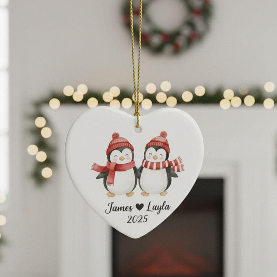 Personalized Couple Penguin Christmas Ornament, Custom Names Ceramic Heart Keepsake, Cute Winter Holiday Gift for Couples, Anniversary Decor
