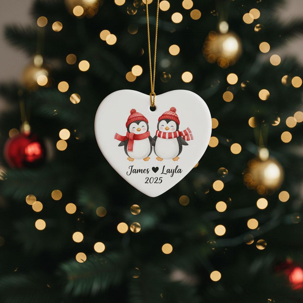 Personalized Couple Penguin Christmas Ornament, Custom Names Ceramic Heart Keepsake, Cute Winter Holiday Gift for Couples, Anniversary Decor