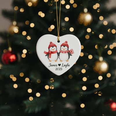 Personalized Couple Penguin Christmas Ornament, Custom Names Ceramic Heart Keepsake, Cute Winter Holiday Gift for Couples, Anniversary Decor