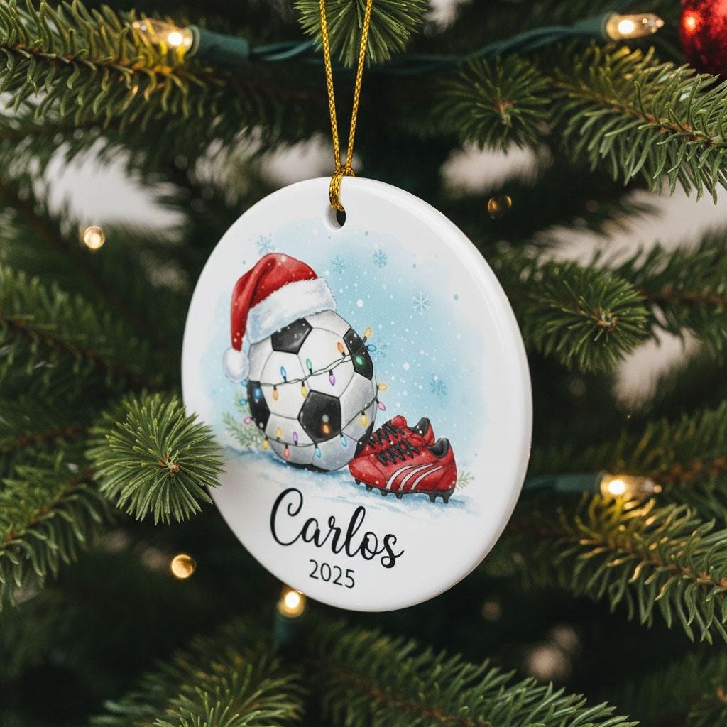 Personalized Soccer Christmas Ornament, Custom Name Year Soccer Gift for Kids, Ceramic Soccer Ball Holiday Decor, Boys Girls Xmas Keepsake