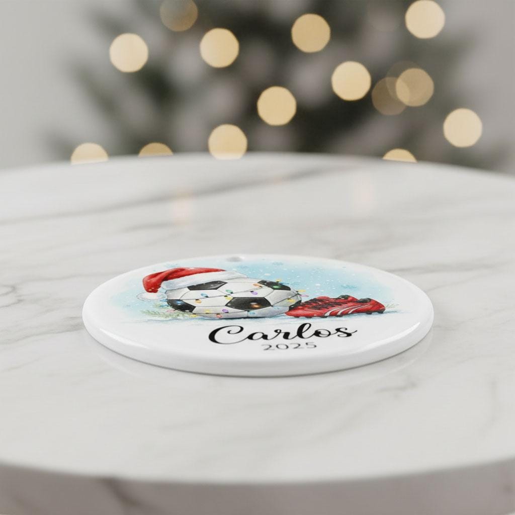 Personalized Soccer Christmas Ornament, Custom Name Year Soccer Gift for Kids, Ceramic Soccer Ball Holiday Decor, Boys Girls Xmas Keepsake