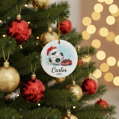 Personalized Soccer Christmas Ornament, Custom Name Year Soccer Gift for Kids, Ceramic Soccer Ball Holiday Decor, Boys Girls Xmas Keepsake