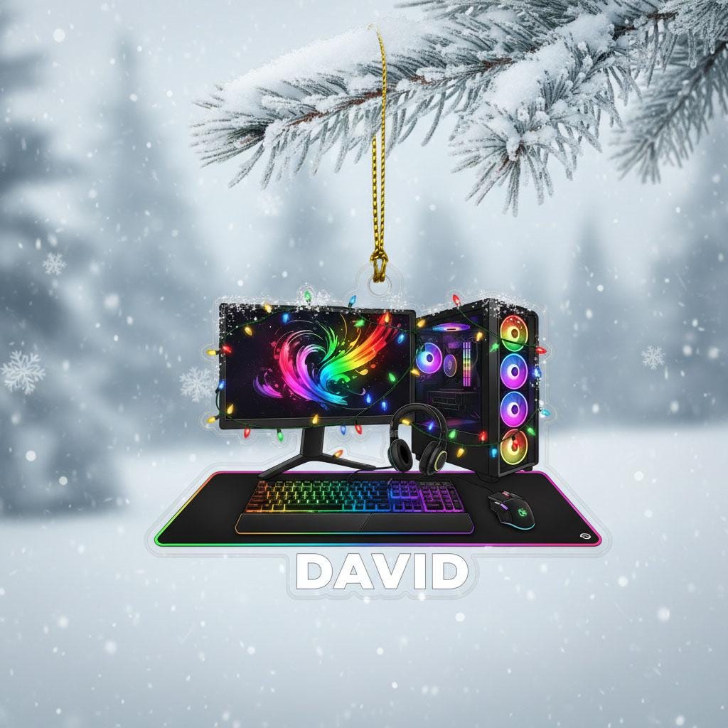 Personalized Gaming PC Ornament with Custom Name, RGB Gamer Christmas Decor, Custom Gaming Setup Ornament, Gift for Gamers, Holiday Keepsake