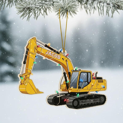 Personalized Excavator Christmas Ornament, Custom Name Construction Truck Decor, Kids Bulldozer Holiday Gift, Acrylic Tree Ornament for Boys