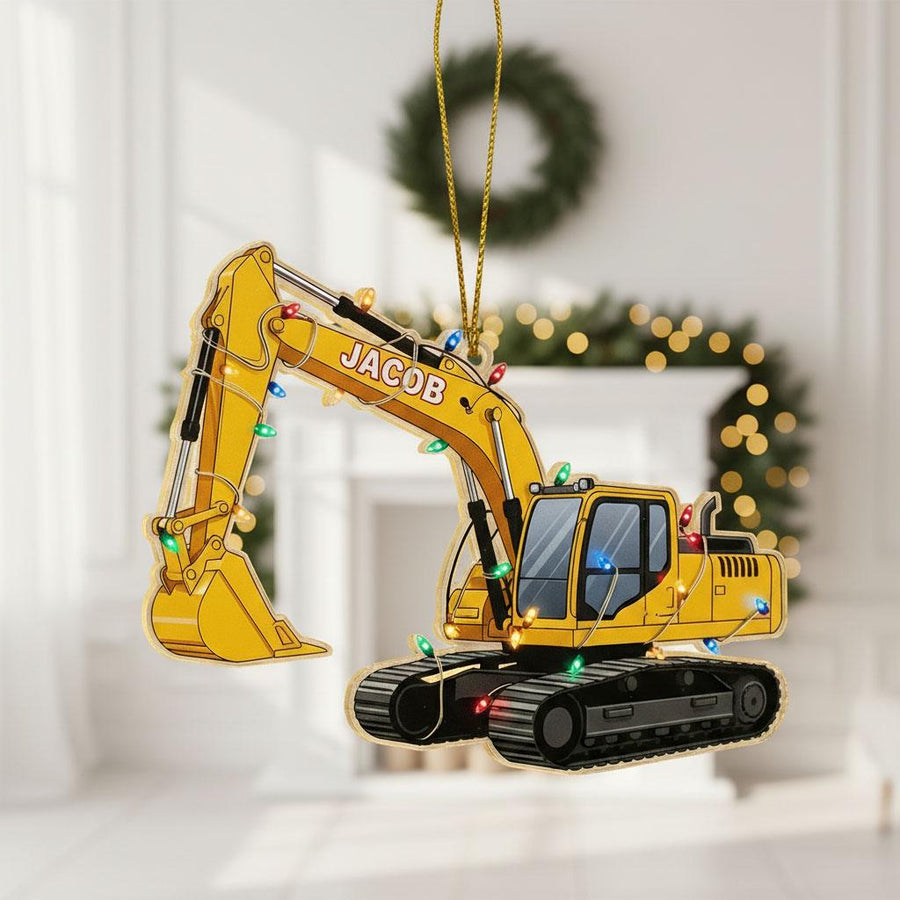 Personalized Excavator Christmas Ornament, Custom Name Construction Truck Decor, Kids Bulldozer Holiday Gift, Acrylic Tree Ornament for Boys