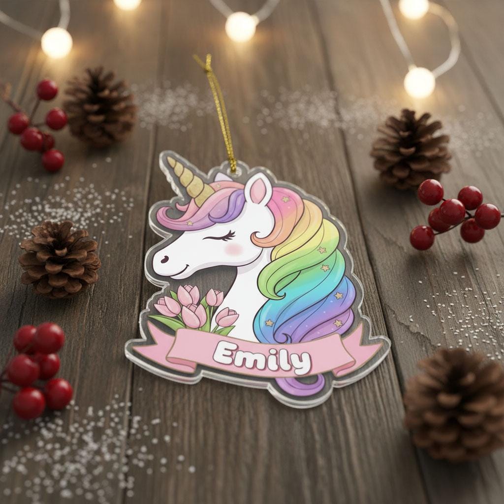 Personalized Unicorn Christmas Ornament, Custom Girl Name Ornament, Kids Holiday Decor, Pastel Rainbow Unicorn Gift, Acrylic Xmas Keepsake