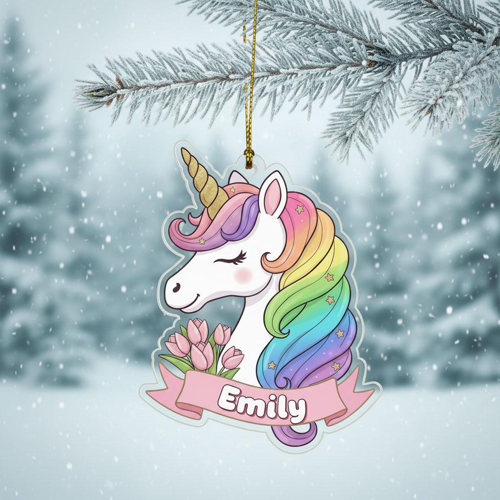 Personalized Unicorn Christmas Ornament, Custom Girl Name Ornament, Kids Holiday Decor, Pastel Rainbow Unicorn Gift, Acrylic Xmas Keepsake