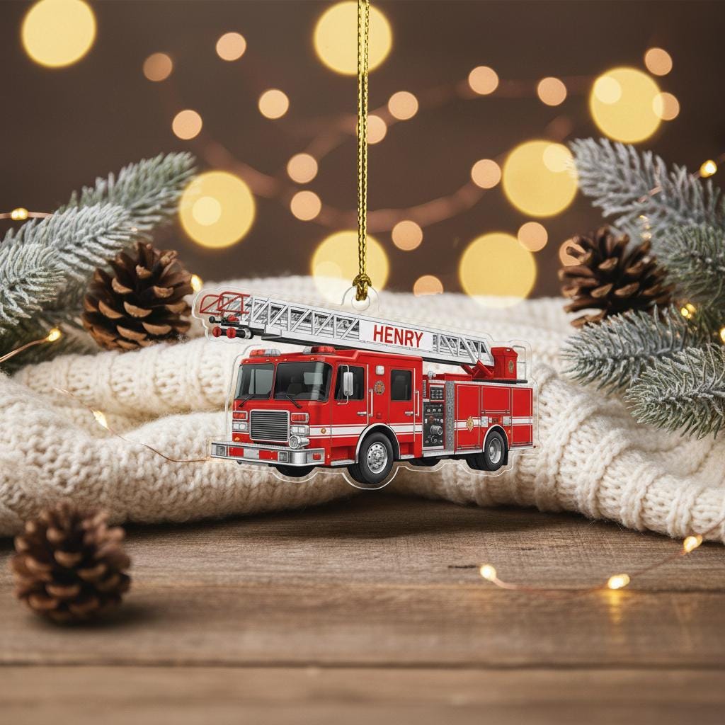 Personalized Fire Truck Christmas Ornament, Custom Name Firefighter Gift, Acrylic 2D Ladder Truck Decor, Xmas Tree Holiday Keepsake for Kids