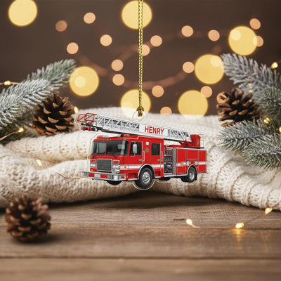 Personalized Fire Truck Christmas Ornament, Custom Name Firefighter Gift, Acrylic 2D Ladder Truck Decor, Xmas Tree Holiday Keepsake for Kids