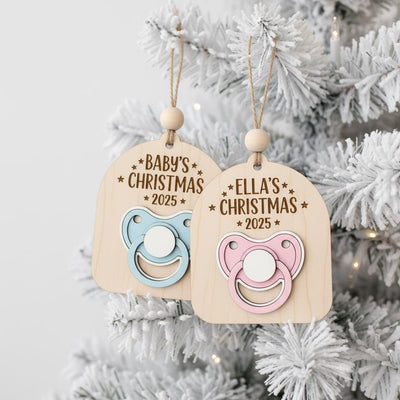 Personalized Baby’s First Christmas Ornament, Custom Baby Name Wooden Pacifier Keepsake, Newborn Christmas Tree Decor, Baby Gift Ornament