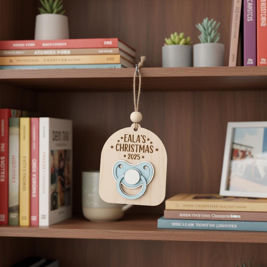 Personalized Baby’s First Christmas Ornament, Custom Baby Name Wooden Pacifier Keepsake, Newborn Christmas Tree Decor, Baby Gift Ornament