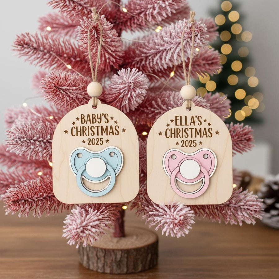 Personalized Baby’s First Christmas Ornament, Custom Baby Name Wooden Pacifier Keepsake, Newborn Christmas Tree Decor, Baby Gift Ornament