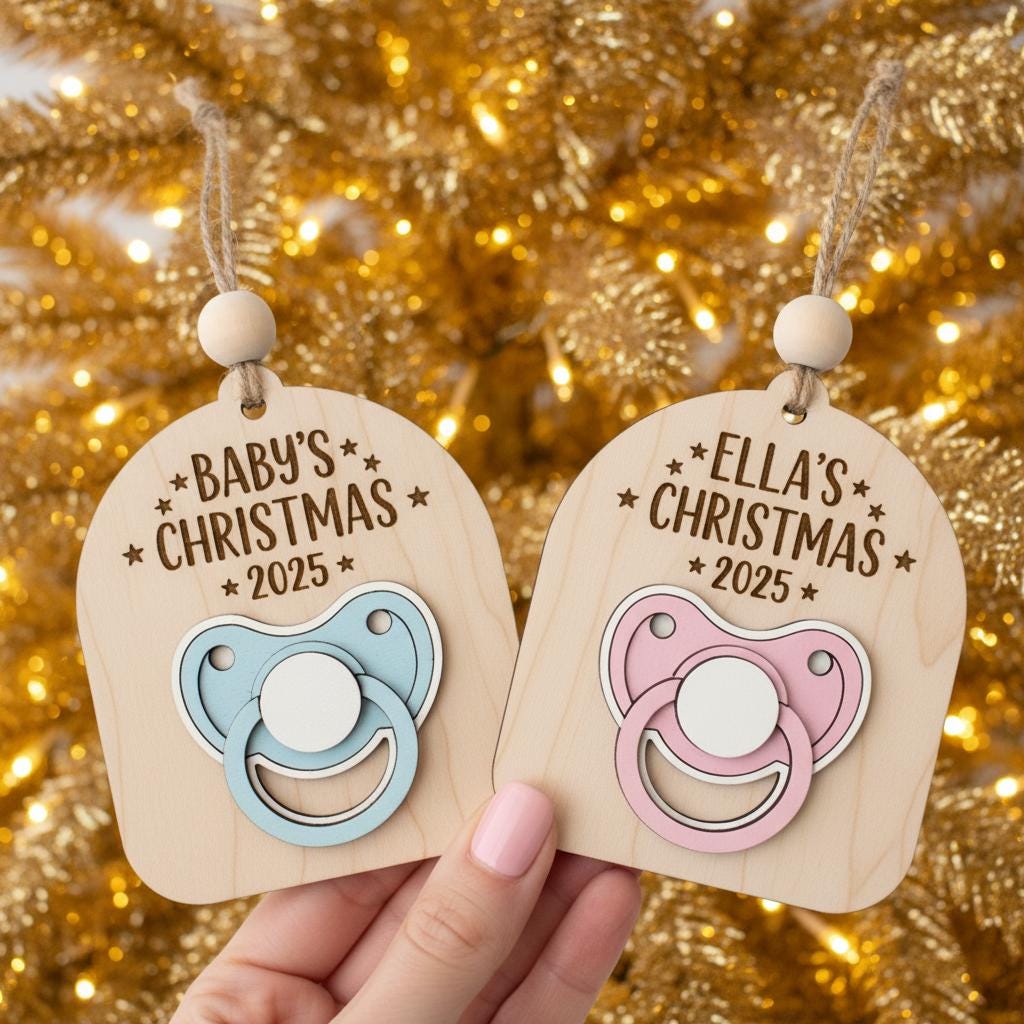 Personalized Baby’s First Christmas Ornament, Custom Baby Name Wooden Pacifier Keepsake, Newborn Christmas Tree Decor, Baby Gift Ornament