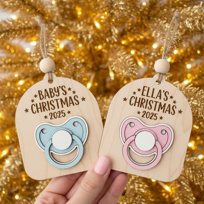 Personalized Baby’s First Christmas Ornament, Custom Baby Name Wooden Pacifier Keepsake, Newborn Christmas Tree Decor, Baby Gift Ornament