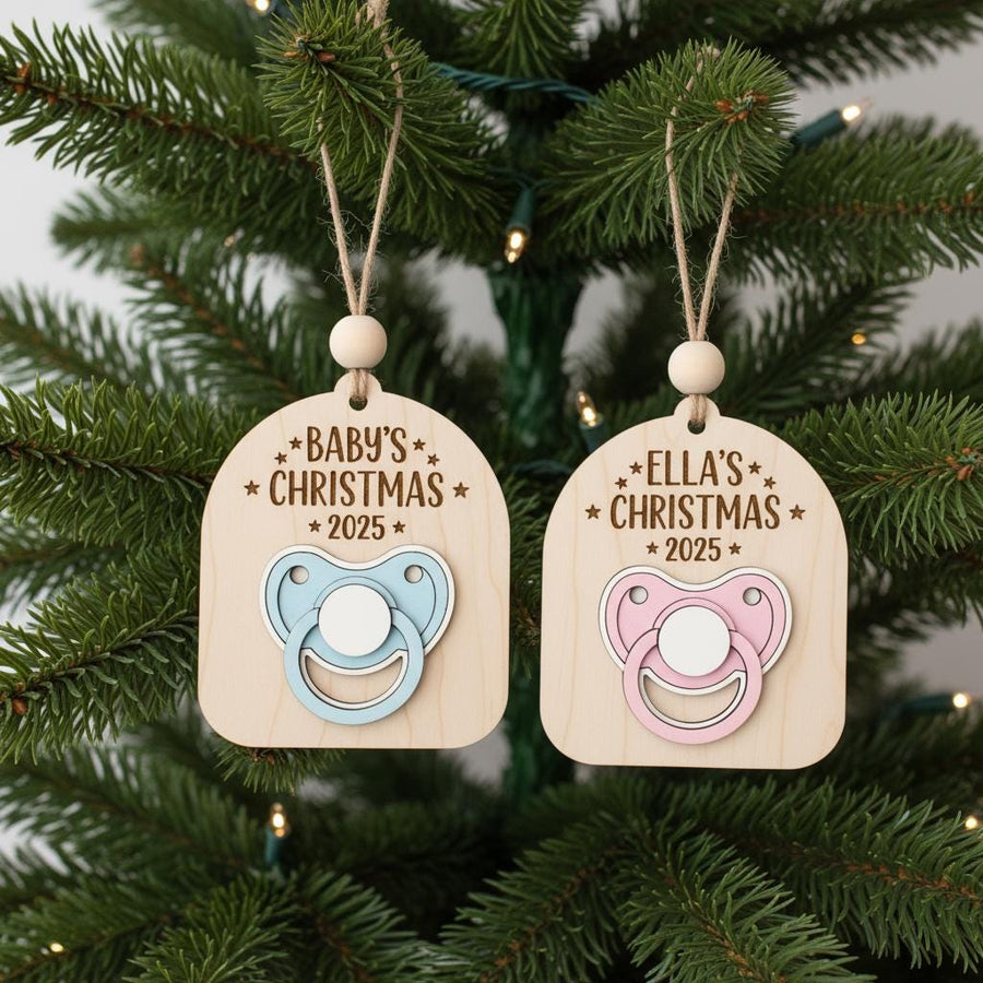 Personalized Baby’s First Christmas Ornament, Custom Baby Name Wooden Pacifier Keepsake, Newborn Christmas Tree Decor, Baby Gift Ornament