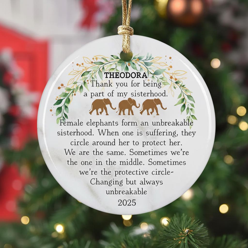 Personalized Sisterhood Elephant Ornament, Custom Name Ceramic Christmas Gift, Elephant Quote Keepsake Decor