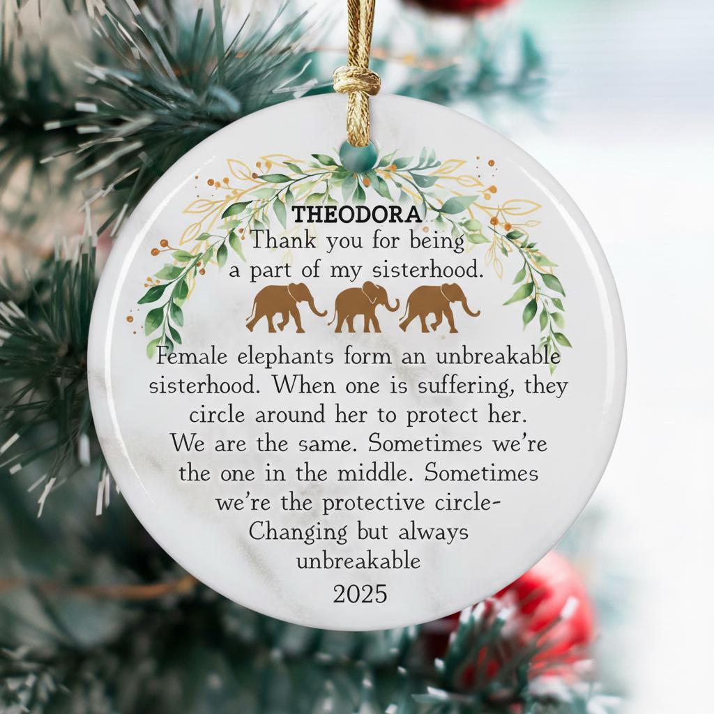 Personalized Sisterhood Elephant Ornament, Custom Name Ceramic Christmas Gift, Elephant Quote Keepsake Decor